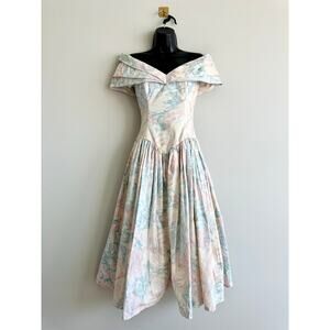 Vintage 80s Off Shoulder Floral Gown Pastel Watercolor Dress Boned Bodice S/M